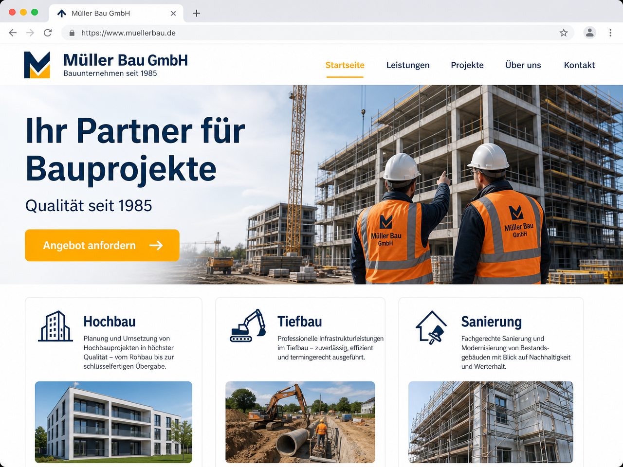Müller Bau — Bauunternehmen Website-Konzept